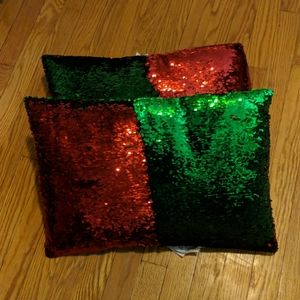 2 red and green flippy sequin pillows